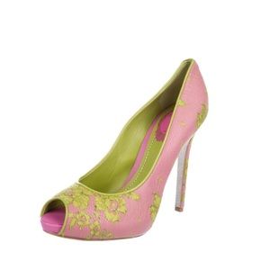 Rene caovilla pink leather and green lace pump